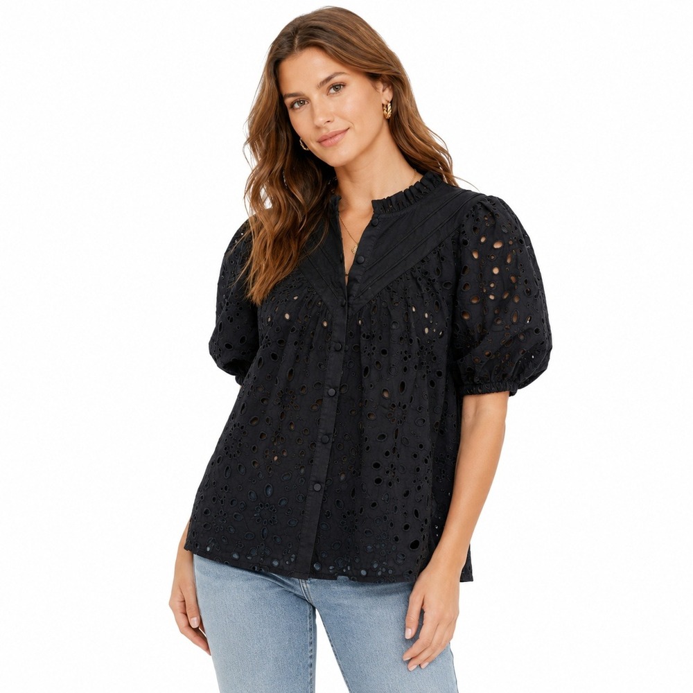 PrettyGarden Black Eyelet Cotton Blouse Puff Sleeve Button Front Top Women's L